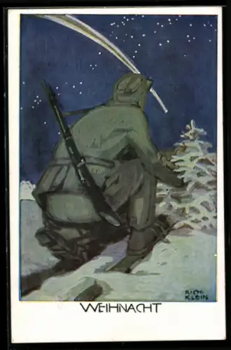 Künstler-AK Richard Klein: Weihnacht, Soldat versteckt sich hinter einer Tanne, Sternschnuppe