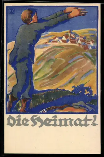 Künstler-AK Die Heimat!, Soldat steht sehnsüchtig am Ortsrand