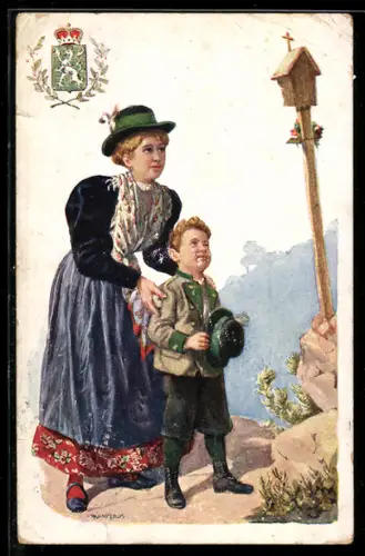 Künstler-AK Adolf Karpellus: Steiermark, Trachten, Mutter mit Sohn an einem Bildstock, Wappen