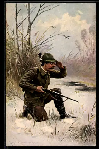 Künstler-AK M. Müller jun.: Jagd, Jäger erspäht sein Ziel