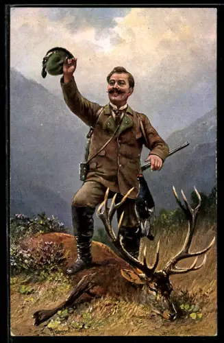 Künstler-AK Jäger steht triumphierend auf der Beute