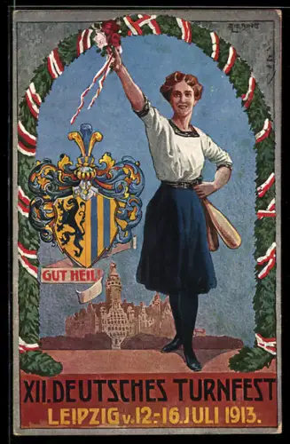 Künstler-AK A. Liebing: Leipzig, XII. Deutsches Turnfest 1913, Wappen, Turnerin