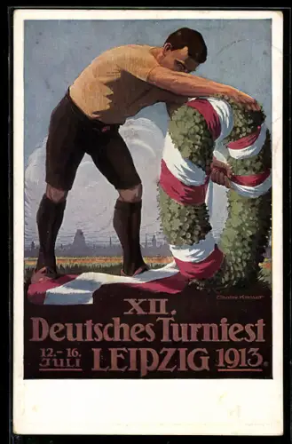 AK Leipzig, XII. Deutsches Turnfest 1913, Turner bindet Schleife um den Siegerkranz