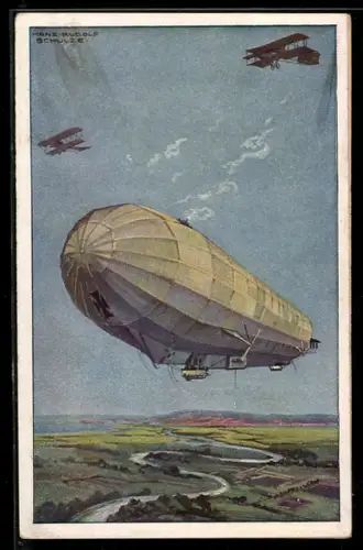 Künstler-AK Hans Rudolf Schulze: Militärluftkreuzer Hansa im Kampf mit feindl. Fliegern