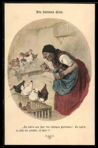 Künstler-AK A. Roeseler: Bäuerin schimpft auf ihre legefaulen Hühner