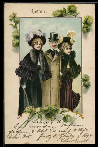 Lithographie Kletten, Kavalier mit zwei Damen im Arm