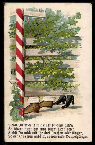 AK Frau und Mann verstecken sich hinter einer Hecke