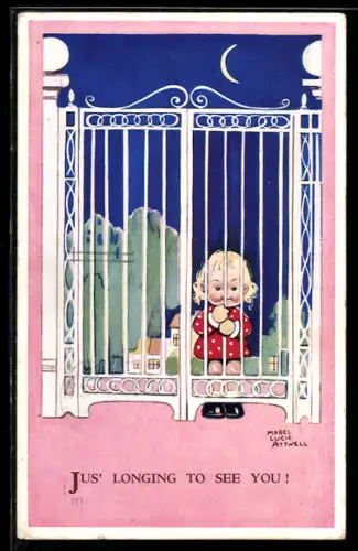Künstler-AK M.L. Attwell: Ansicht eines Kindes hinter einem Zaun bei Nacht