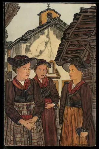 Künstler-AK Drei Damen in Tracht vor der Dorfkirche im Wallis
