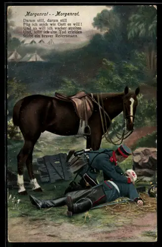 Künstler-AK Morgenrot-Morgenrot!, Sanitäter versorgt verwundeten Soldaten, Rotes Kreuz