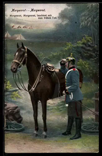 AK Besorgter Soldat mit Pickelhaube neben seinem Pferd