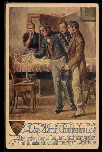 Künstler-AK Franz Kuderna, Deutscher Schulverein Nr. 919: Männer nehmen von junger Frau Abschied, Totenwache