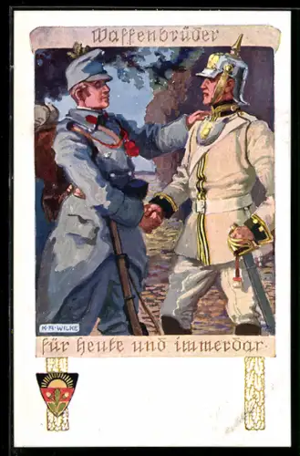 Künstler-AK Karl Alex Wilke: Deutscher Schulverein Nr. 475, Waffenbrüder reichen sich die Hand