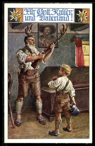 AK Deutscher Schulverein Nr. 789: Für Gott, Kaiser und Vaterland, Vater mit Flinte und Sohn