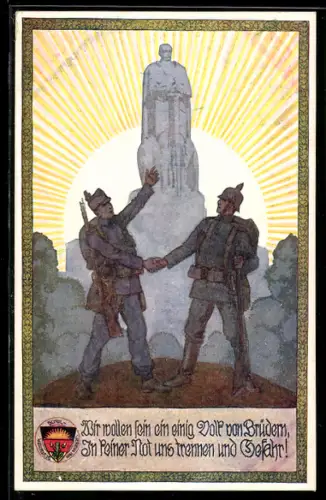 Künstler-AK Ernst Kutzer: Deutscher Schulverein Nr. 665, Deutscher Soldat begrüsst österreichischen Soldaten