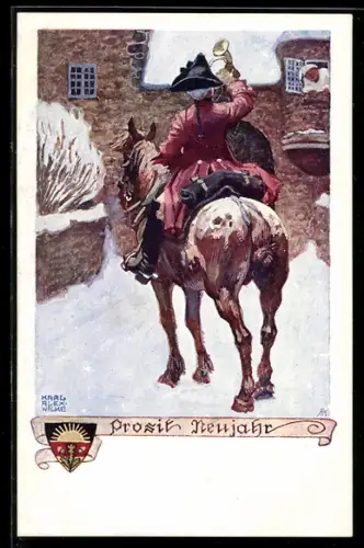 Künstler-AK Karl Alex Wilke: Proit Neujahr, Reiter bläst an einem Wintermorgen ins Horn