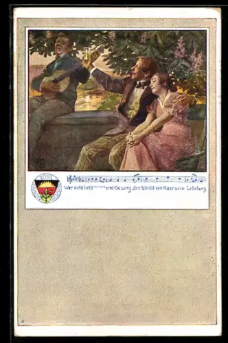 Künstler-AK Karl Friedrich Gsur: Deutscher Schulverein NR: 63, Männer mit Gitarre & Weinglas feieren mit Mädchen