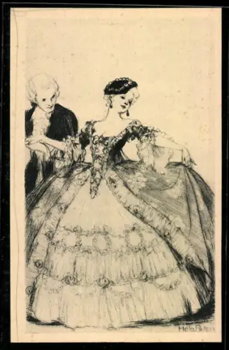 Künstler-AK Hela Peters: Paar tanzt auf Ball, Frau mit Ballkleid m. Rosen & Schleifen