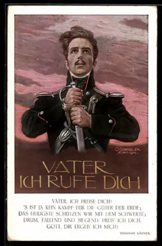 Künstler-AK Vater ich rufe Dich, Theodor Körner mit Schwert