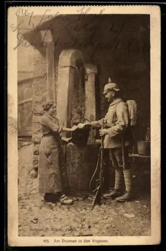 AK Vogesen, Am Brunnen, Soldat mit ortsansässiger Frau