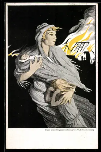 Künstler-AK sign. W. Schnackenberg: Mutter mit Kindern flüchtet vor einem brennenden Haus