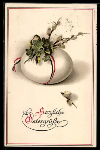 AK Osterei, Eichenlaub und Weidenkätzchen, zusammengehalten durch Bänder in Zweibund-Farben