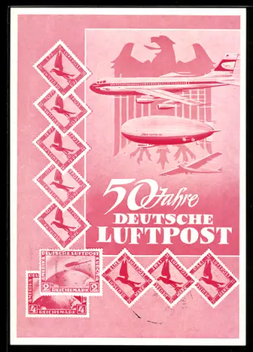 AK 50 Jahre Deutsche Luftpost, Flugzeug, Zeppelin, Linienflugzeug, Luftpostbriefmarken