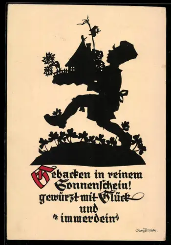 Künstler-AK Georg Plischke: Junge trägt ein kleines Haus über eine Wiese