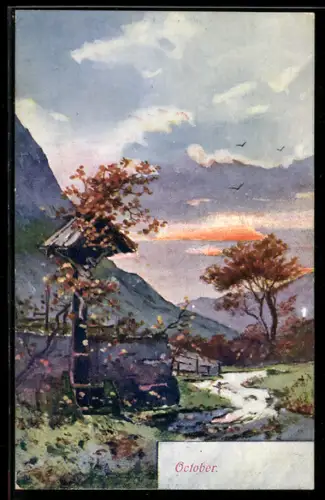 AK Allegorie Oktober, Landschaftspanorama mit Bach und Wegekreuz bei Sonnenuntergang