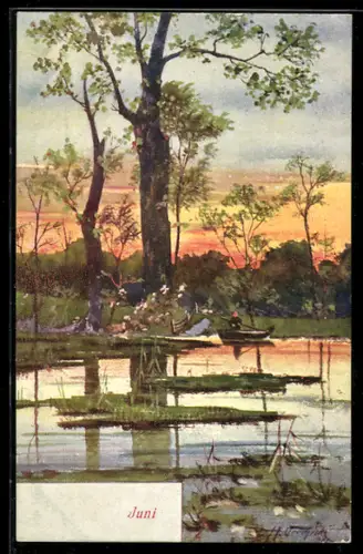 Künstler-AK Einsamer Ruderer im Licht der aufgehenden Sonne an einem Tag im Juni, Allegorie