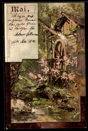 Künstler-Lithographie Theodor Guggenberger: Mai, Idyll mit Wassermühle