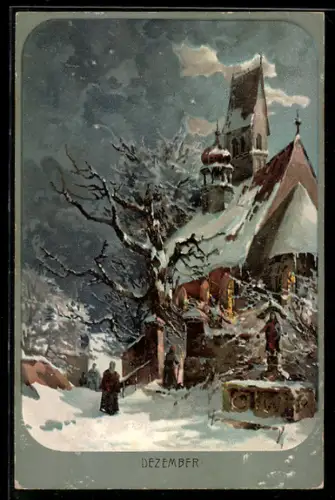 AK Dezember, Menschen gehen durch den Schnee zur Kirche