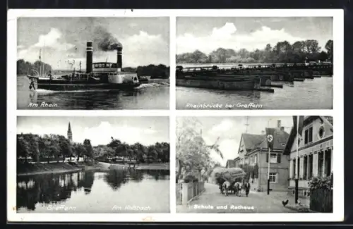 AK Greffern, Am Rossbach, Rheinbrücke, Schule und Rathaus mit flagge