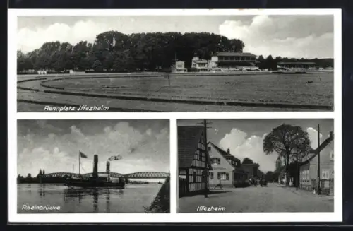 AK Iffezheim, Rennplatz, Rheinbrücke, Ortsansicht