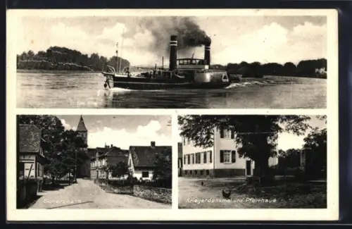 AK Scherzheim, Am Rhein, Kriegerdenkmal und Pfarrhaus