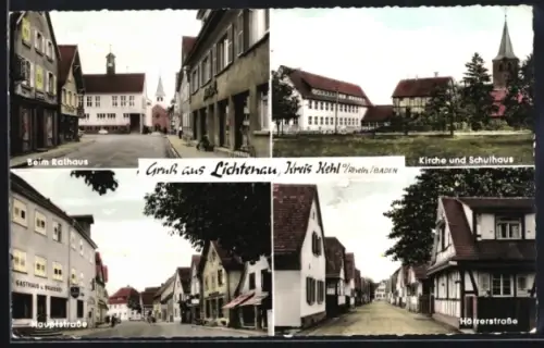AK Lichtenau /Kehl, Beim Rathaus, Kirche und Schulhaus, Hauptstrasse