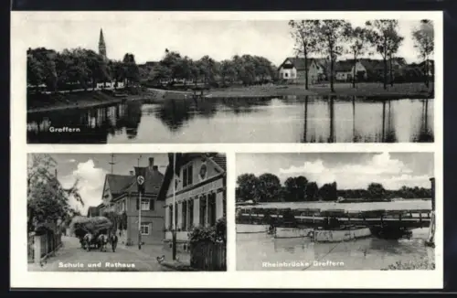 AK Greffern, Ortsansicht, Schule und Rathaus mit , Rheinbrücke
