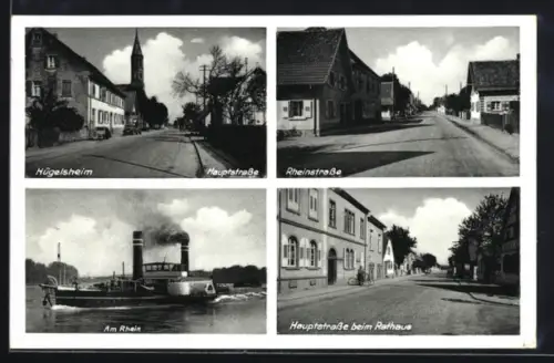 AK Hügelsheim, Hauptstrasse beim Rathaus, Rheinstrasse, Am Rhein