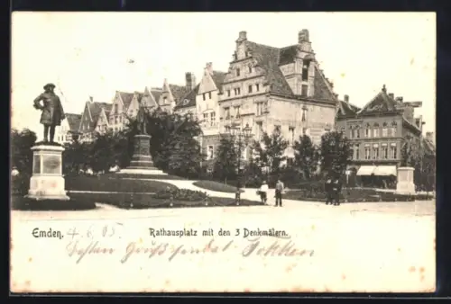AK Emden, Rathausplatz mit den 3 Denkmälern