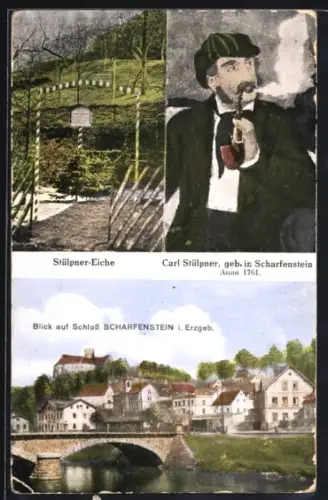 AK Scharfenstein, Teilansicht mit Schloss, Carl Stülpner, Stülpner-Eiche