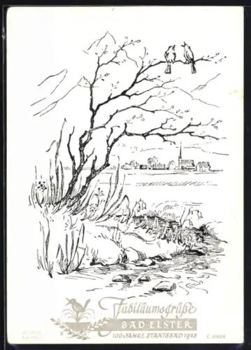 Künstler-AK Bad Elster, Jubiläum 100 Jahre Staatsbad 1948, Ortspartie mit Vögeln im Baum