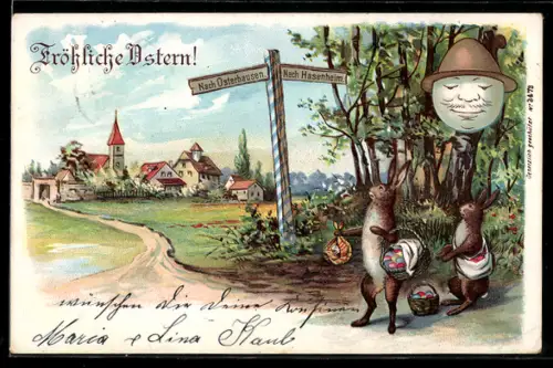 Lithographie Osterhasen an einem Wegweiser, Osterhausen und Hasenheim, Ostern
