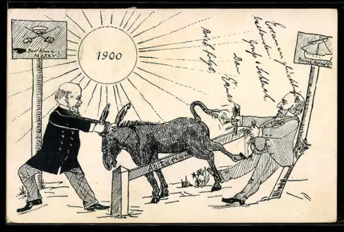 AK Lörrach, Absolvia 1900, zwei Männer streiten sich um den Esel