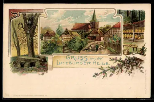 Lithographie Lüneburger Heide, Bienenstöcke