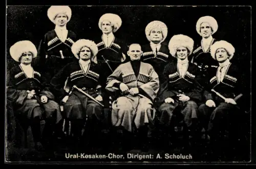 AK Ural-Kosaken-Chor mit Dirigent A. Scholuch, Trachtenkapelle