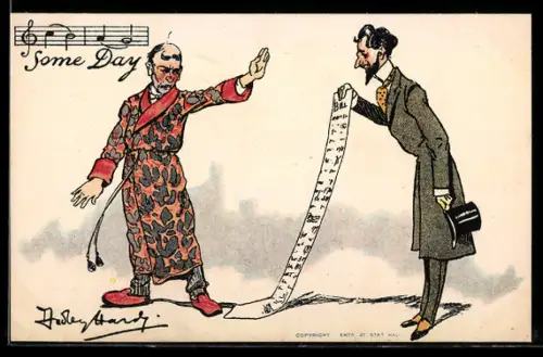 Künstler-AK sign. Dudley Hardy: Gerichtsvollzieher steht vor einem Mann im Morgenmantel