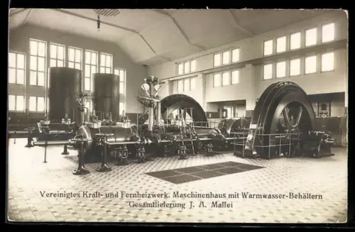AK Vereingtes Kraft- und Fernheizwerk, Maschinenhaus mit Warmwasser-Behältern, Lieferung J. A. Maffei