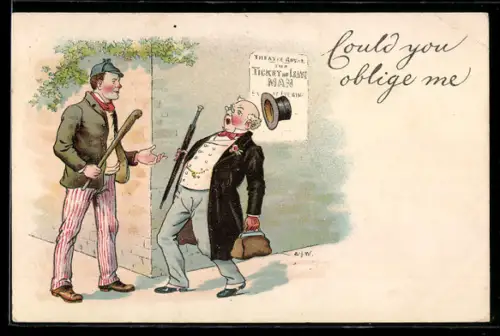 AK Eleganter Herr wird von einem Mann mit Knüppel konfrontiert