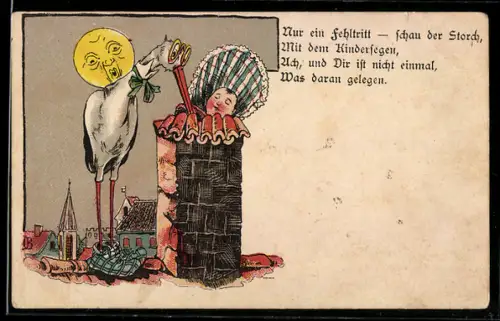 AK Storch mit Brille schiebt ein Kleinkind durch einen Schornstein, Verwirrter Mond