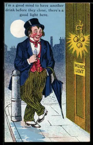 AK Mann mit Regenschirm steht vor der Tür eines Geldverleihers